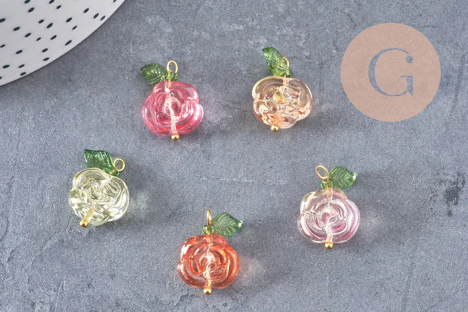 Gingerlily Pendentifs Breloque Fleur Rose Verre Doré 21.5mm x5