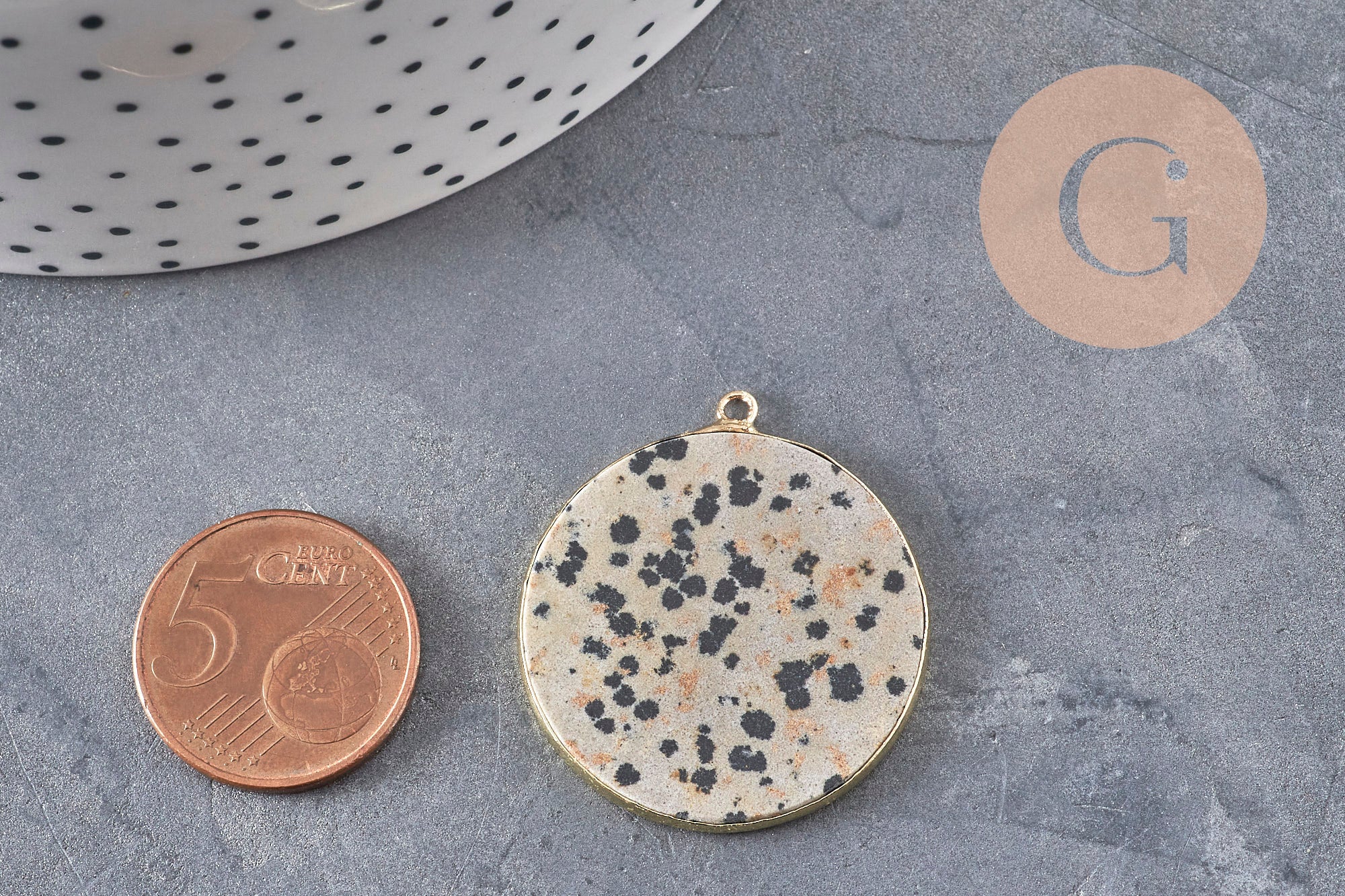 Gingerlily Pendentif jaspe dalmatien rond doré 32mm x1