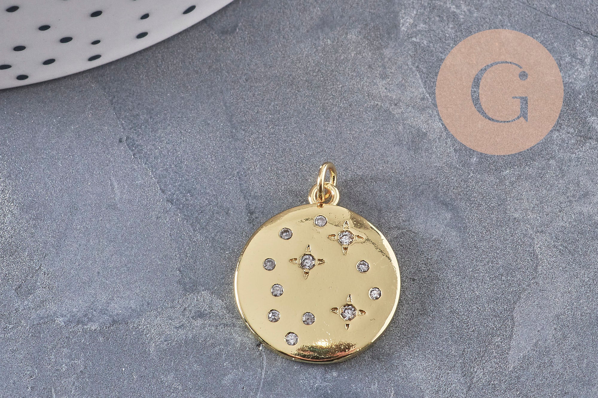 Gingerlily Pendentif rond laiton doré 18K zircons G10976 23mm x1